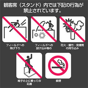 観客席（スタンド）内では下記の行為が禁止されています。フィールドへの飛び降り/フィールドへの投げ込み物の/花火・爆竹・発煙筒の持ち込み/椅子の上に乗っての応援/喫煙